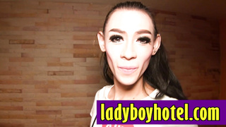 Cute Asian ladyboy sucking white cock