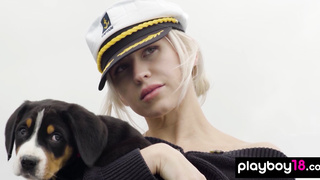 Petite blondie shows off her tiny boobs