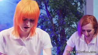 Shemale couple fuck busty blonde masseuse at the resort