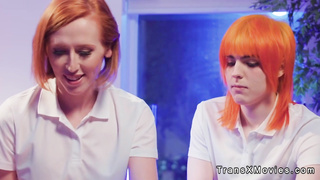 Shemale couple fuck busty blonde masseuse at the resort