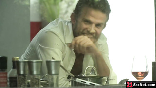 Big tits brunette flashing her neighbor