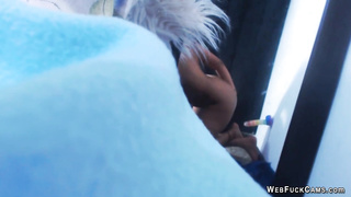 Ebony fucks dildo stuck to the wall on webcam