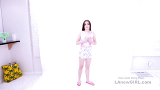 Teen licks pussy and gets strapon fucked in studio