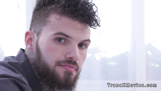 Busty trans gets big cock up his ass on the sofa