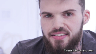 Busty trans gets big cock up his ass on the sofa