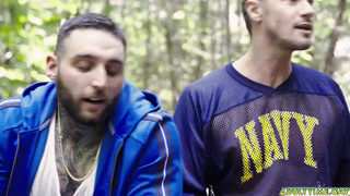 Two buds camping and jerking side by side