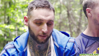 Two buds camping and jerking side by side