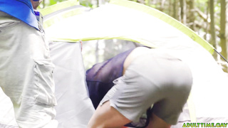 Two buds camping and jerking side by side