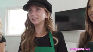 Besties making coffees and milking bosses cock