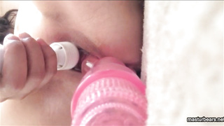 Japanense Machika cums loud with DP dildo