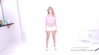 Beautiful blonde teases then gets fucked in studio