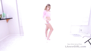 Beautiful blonde teases then gets fucked in studio