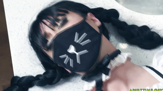 Femboy maid riding her boss big cock