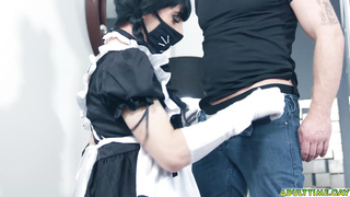 Femboy maid riding her boss big cock