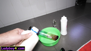 Squirting milk from ladyboy her asshole