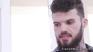 Busty trans in lingerie gets ass fucked by tattooed man