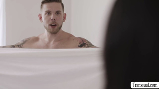 Shemale maid takes a bath and analed by her boss