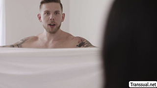 Tgirl maid takes a bath and analed by her boss