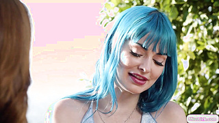 Busty babe fingering asian bff outdoors