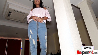 Amateur Thai teen relaxing on white cock