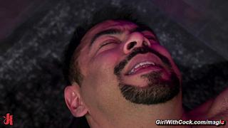 Dark haired shemale domme anal fucks submissive male