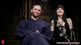 Vicious tattooed femdom torments bound man