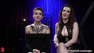 Tattooed bound lesbian babe fucked with strap on cock