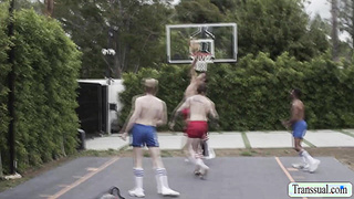 Lucky players fuck some horny slut TS in B-Ball