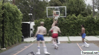 Horny slut TS lets varsity players fuck her ass