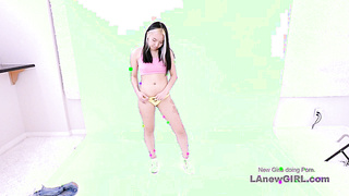 Brunette fucks little asian girl strapon