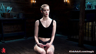 Tall brunette slave gets soles and pussy whipped