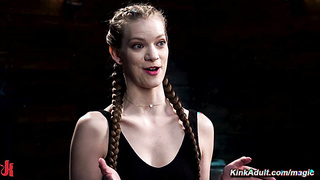 Tall brunette slave gets soles and pussy whipped