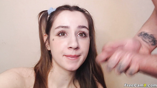 Brunette College Slut Takes Huge Dick in Her Tight Mouth