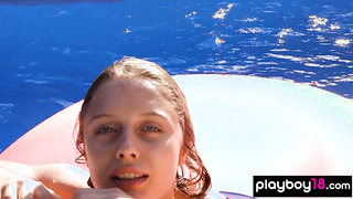 Nude blondie enjoying the pool outdoor