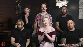 Deep throat bound blonde dp fucked by big dicks group