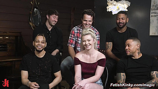 Deep throat bound blonde dp fucked by big dicks group