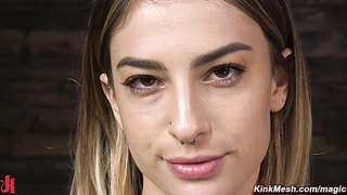 Bound small tits blonde machine fucked in the dungeon