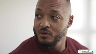 Black stepdad comforts TS stepteen on the bed
