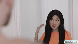 Busty Tgirl gets barebacked while shes stuck