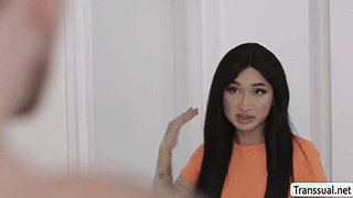 Curvy shemale gets barebacked while shes stuck