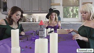 Teen blonde gets fucked by two busty shemale