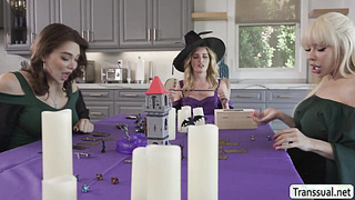 18 yr old gets fucked by two busty shemale