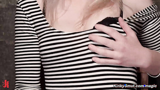 Bound blonde in wool stockings toyed