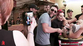 Huge tits bound blonde fucked in public biker bar