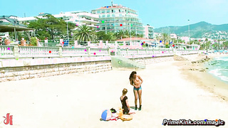 Bound ebony fisted and fucked in a public crowded bar