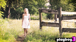 Natural tits blonde MILF posed outdoor