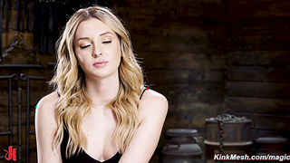 Bound in metal blonde whipped and fucked with dildo