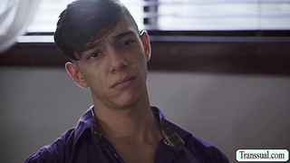 Hot babe tie up her bf and rides TS friends cock