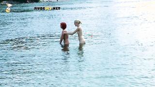 Skinny and young nudist ladies fool around on the beach