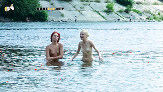 Skinny and young nudist ladies fool around on the beach
